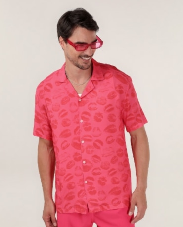 Camisa masculina bowling em viscose beijos rosa | Pool