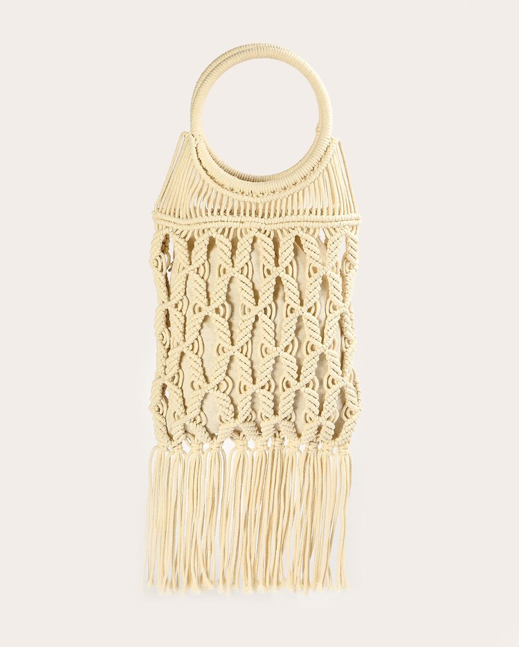 Bolsa de praia tote macramê com franjas - off-white