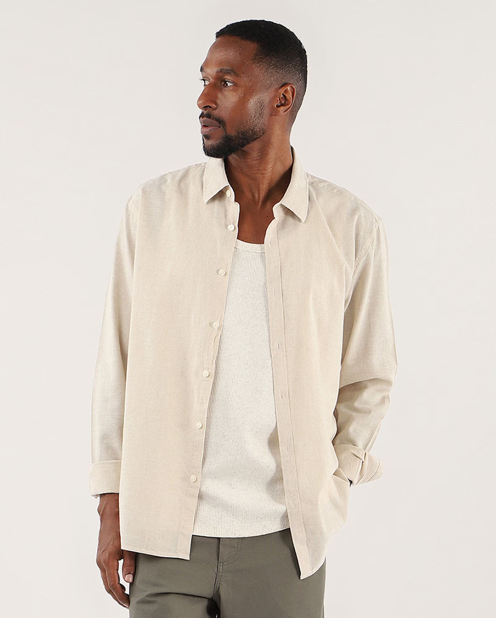 Camisa masculina regular com linho manga longa - Bege Claro | Original by Riachuelo