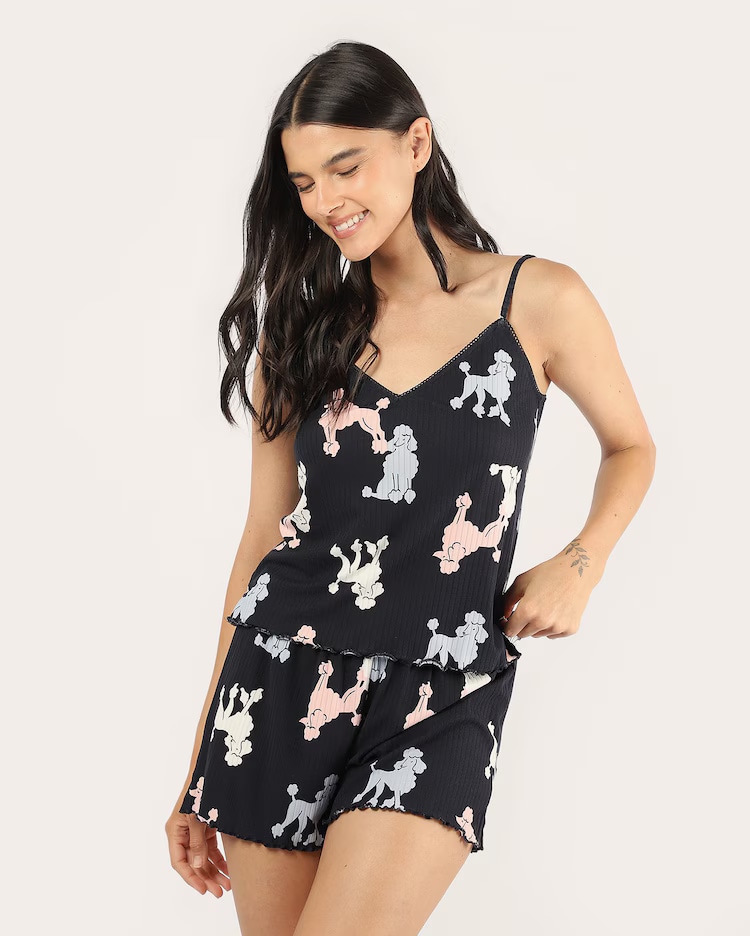 Short doll canelado estampa de poodles - azul - Azul Escuro