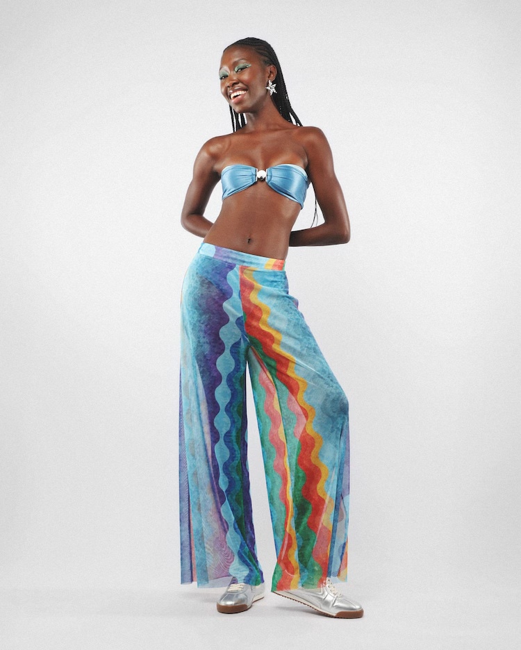 Calça feminina pantalona ondulada colorida - multicor