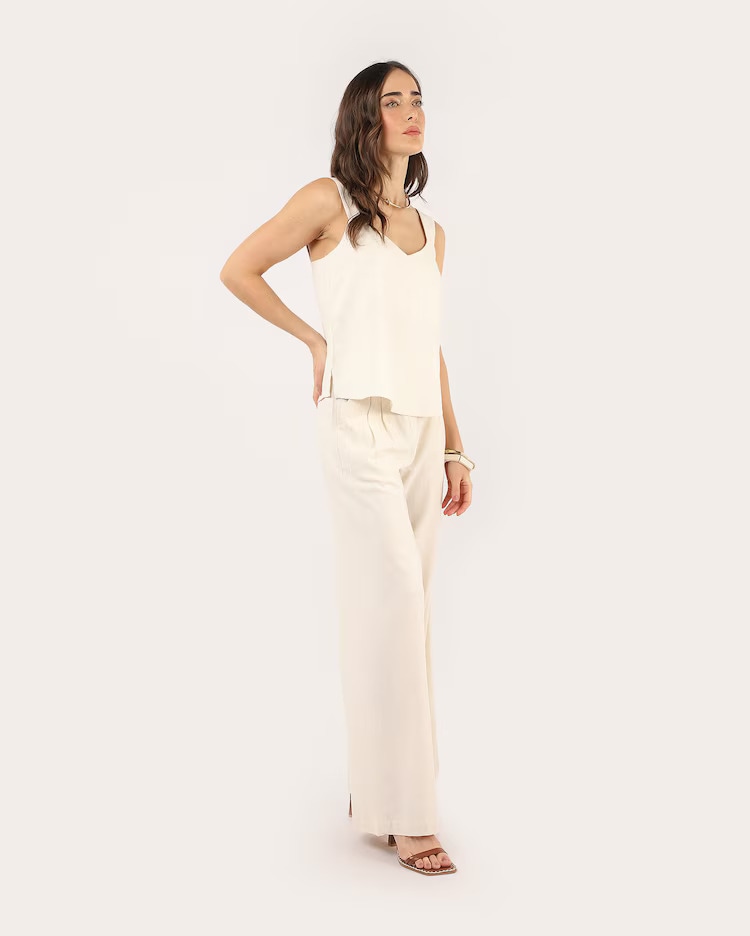 Calça feminina pantalona em viscolinho - off-white