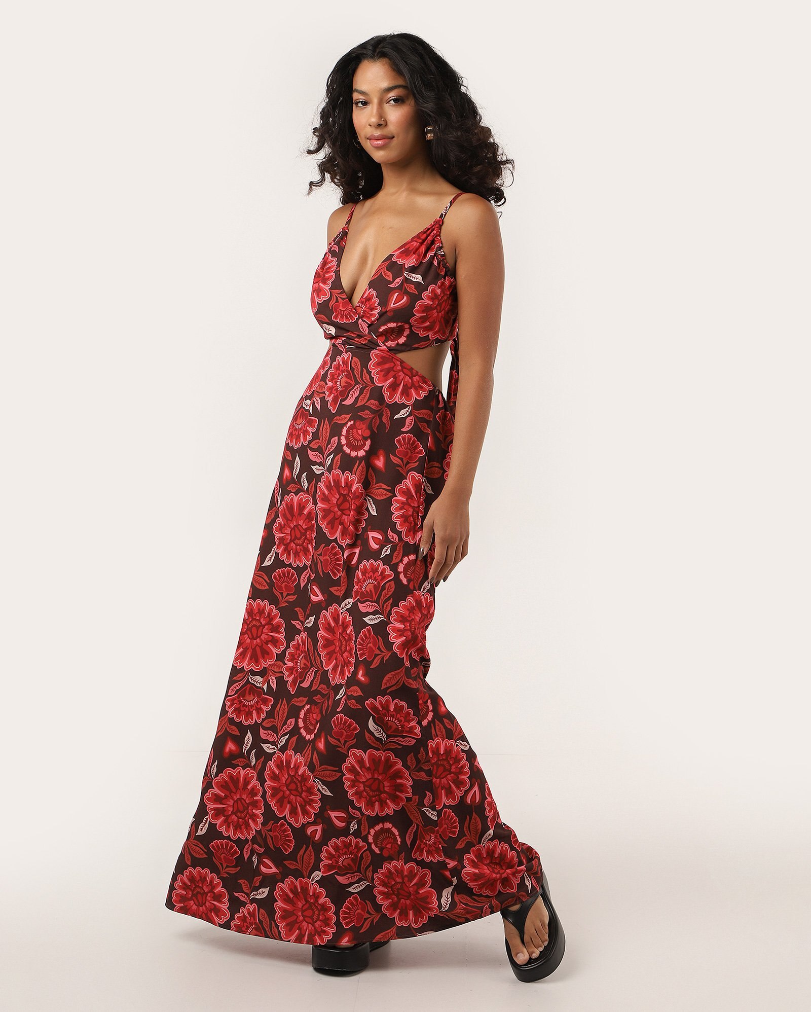 Vestido longo reto cut out amarração floral marrom | Pool