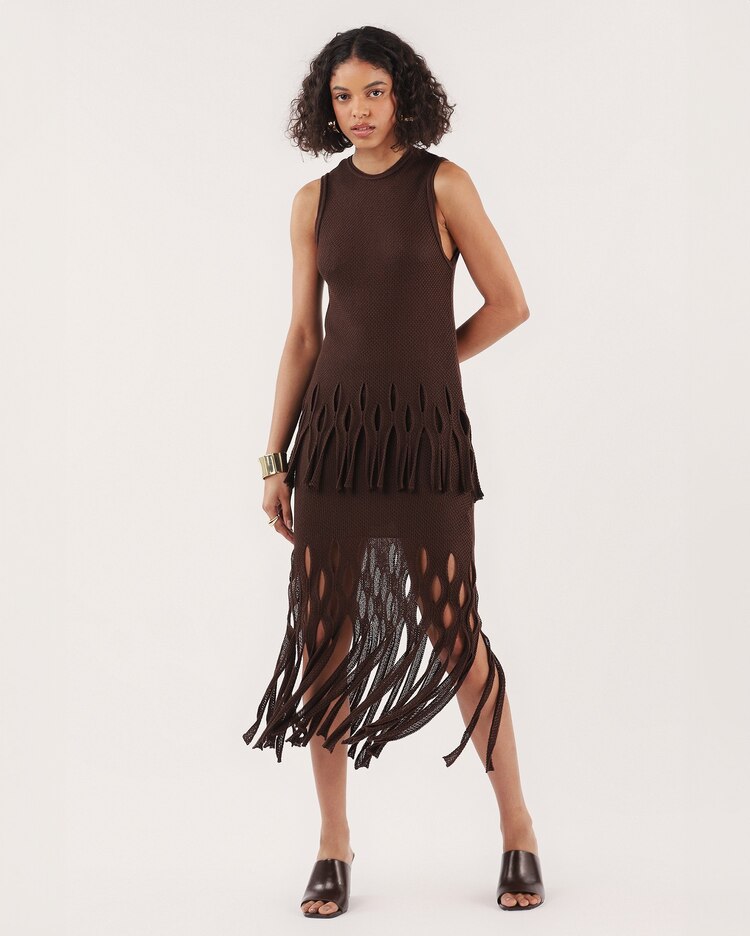 Saia midi de tricot com franjas e recortes marrom