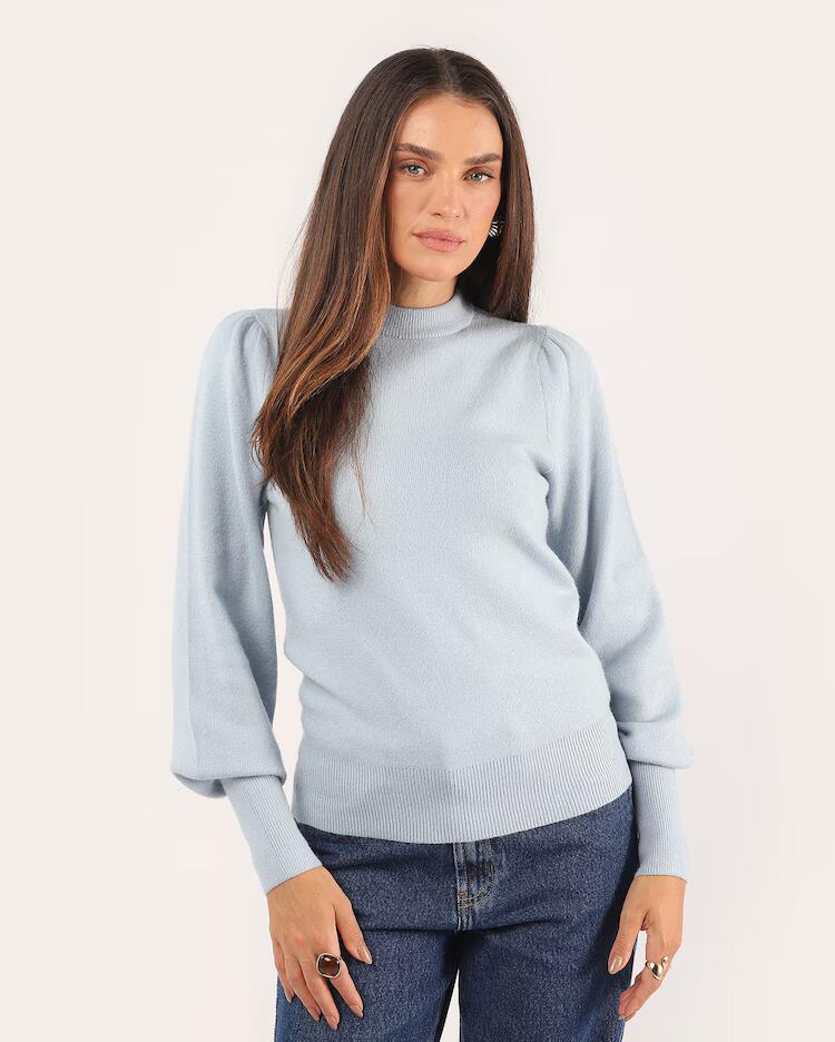 Suéter feminino em tricô mangas bufantes - azul