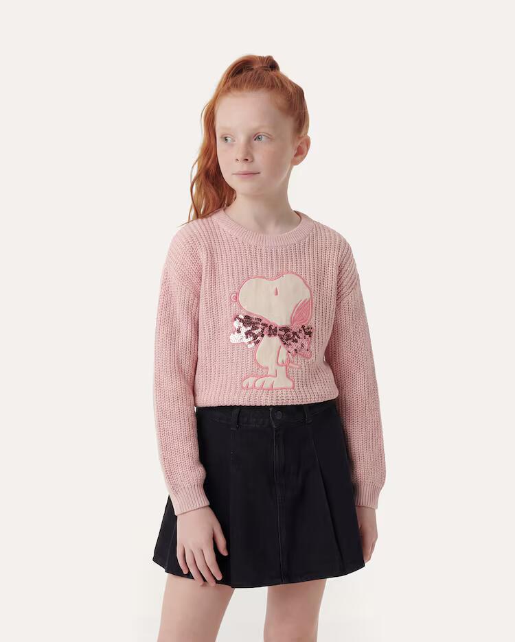 Suéter infantil tricot Snoopy com paetê 6-14A - rosa | Peanuts