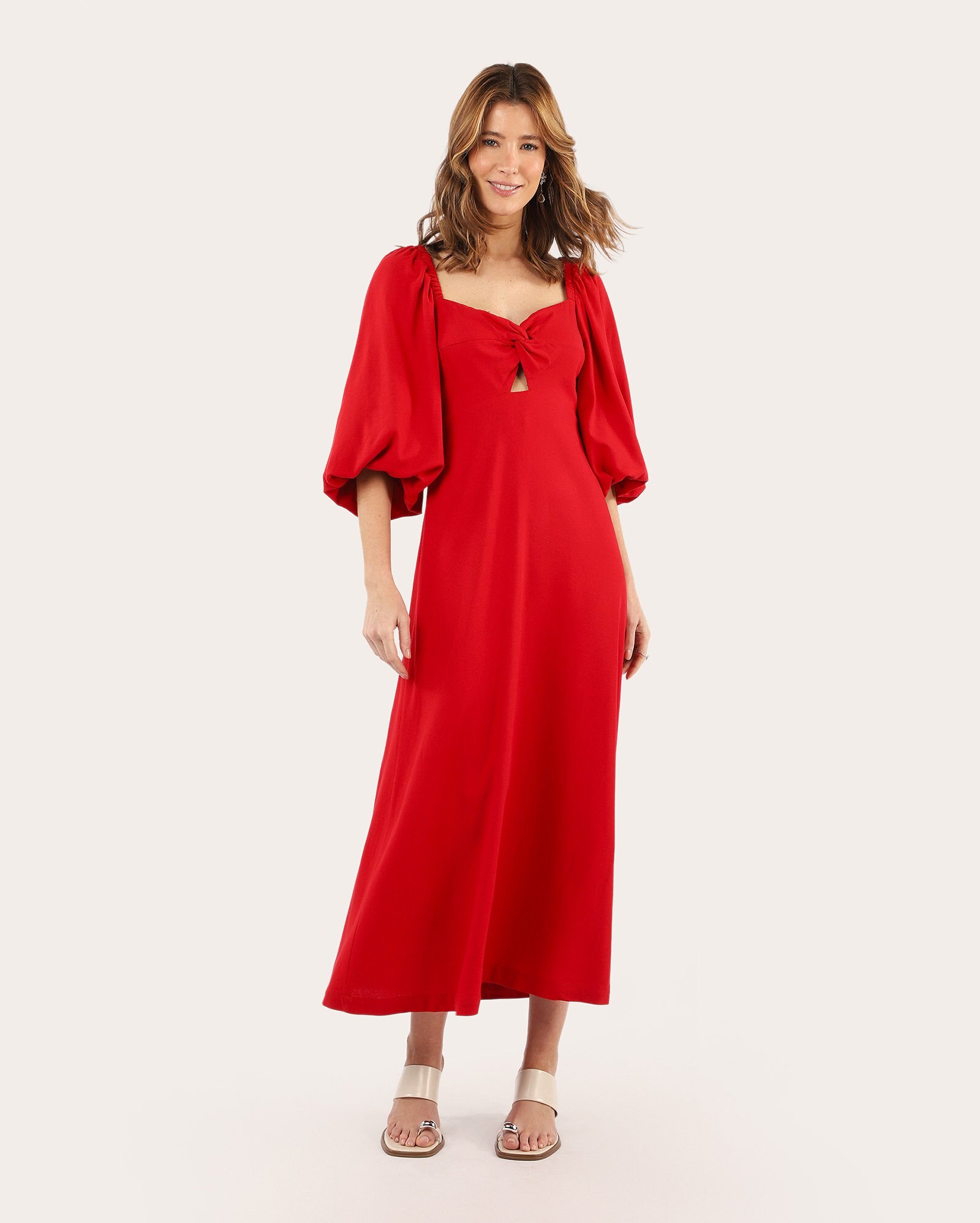 Vestido midi mangas bufantes e lastex - Vermelho