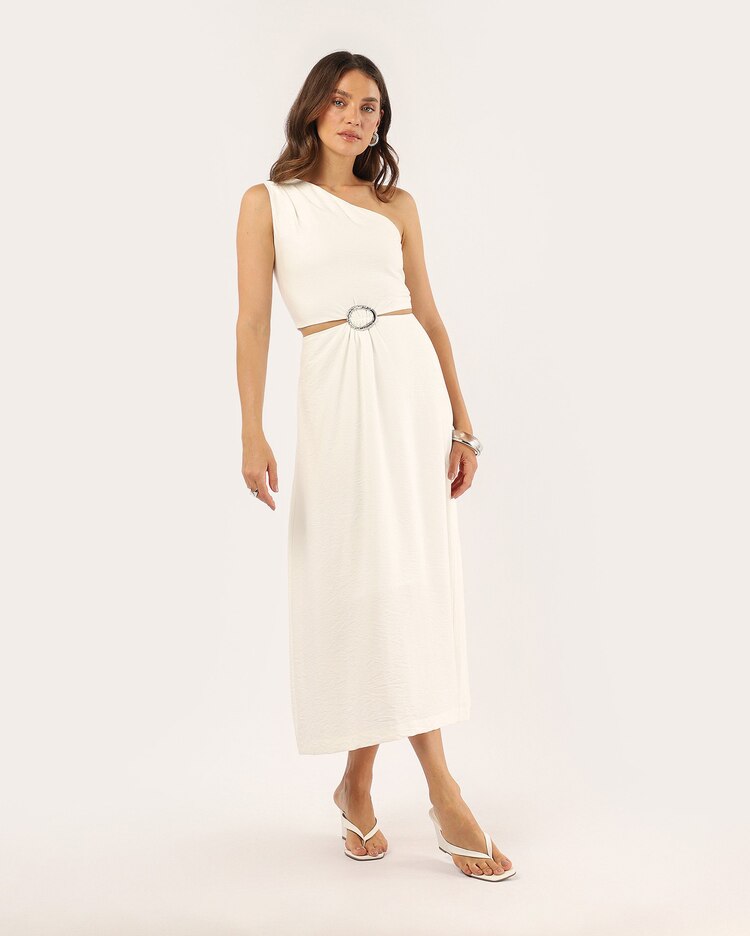 Vestido midi evasê ombro único com viscose - branco