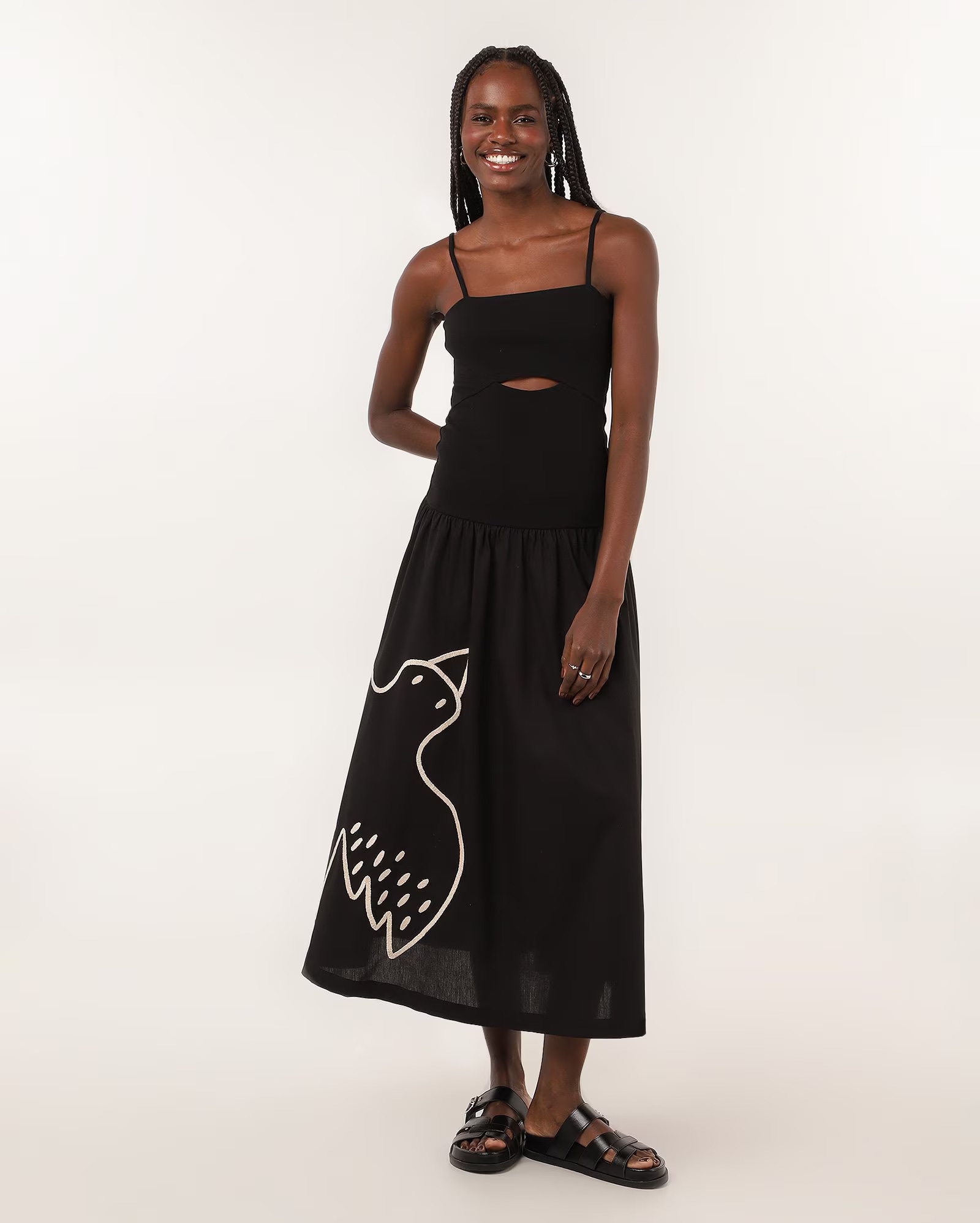 Vestido midi evasê cintura baixa pássaro preto | Ceramiquinho + Riachuelo