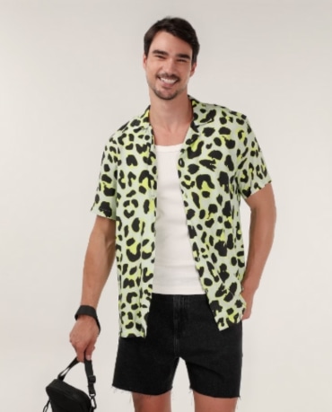 Camisa masculina bowling em viscose onça verde | Pool