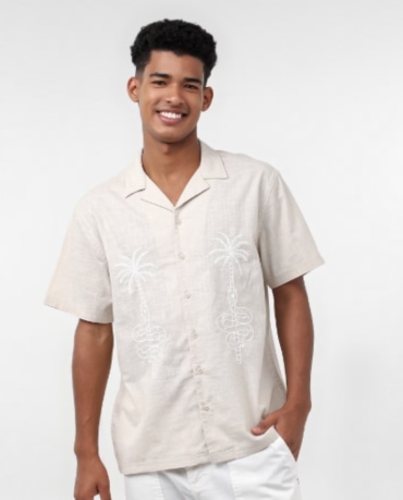 Camisa masculina de algodão coqueiro e serpente bege | Pool