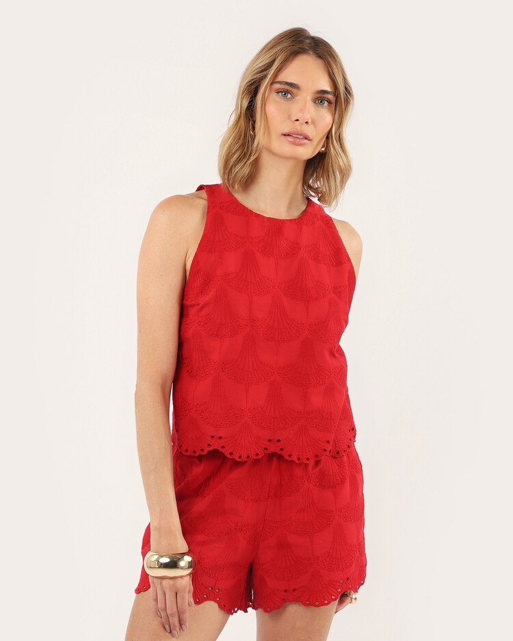 Regata feminina ampla em laise - Vermelho