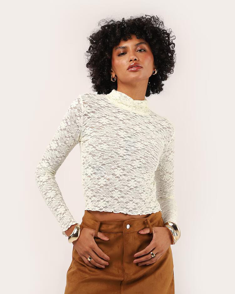 Blusa feminina de renda manga longa - branco