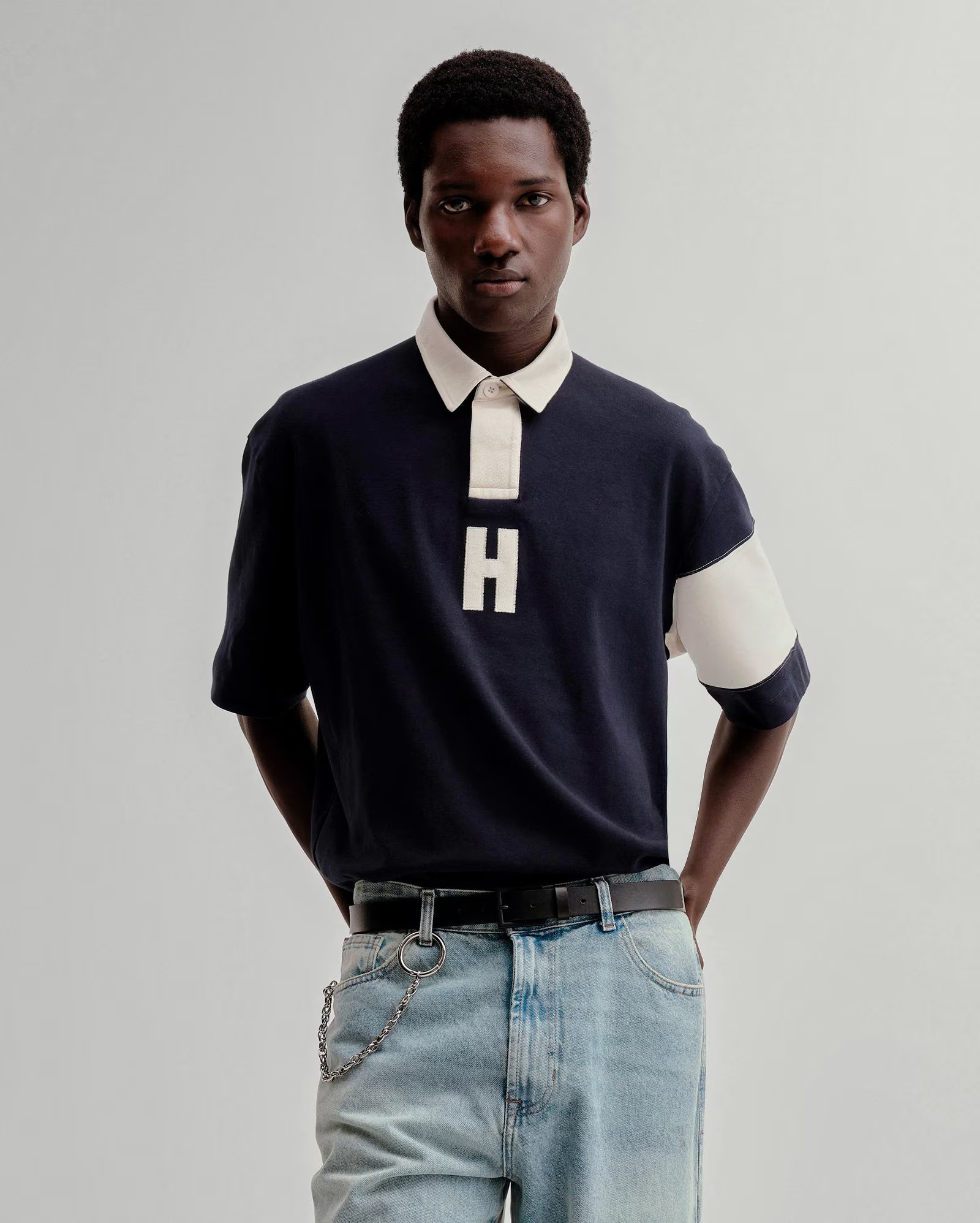 Camisa polo masculina boxy recortes sarjados azul | Herchcovitch + Pool