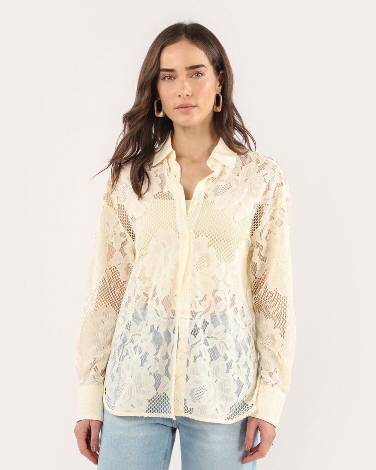 Camisa feminina alongada em renda off-white