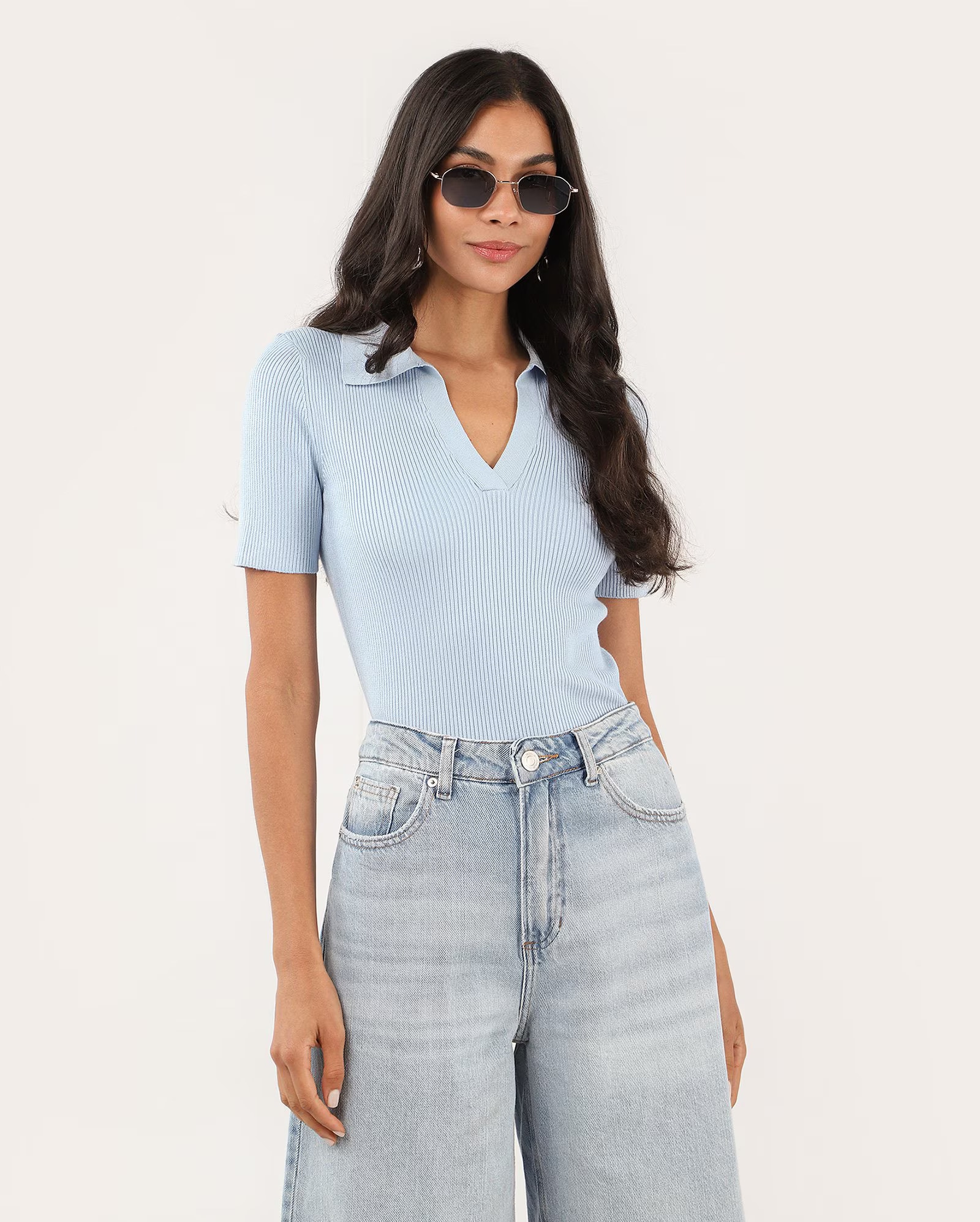 Camisa polo feminina em tricot canelado - Azul Claro | AK by Riachuelo