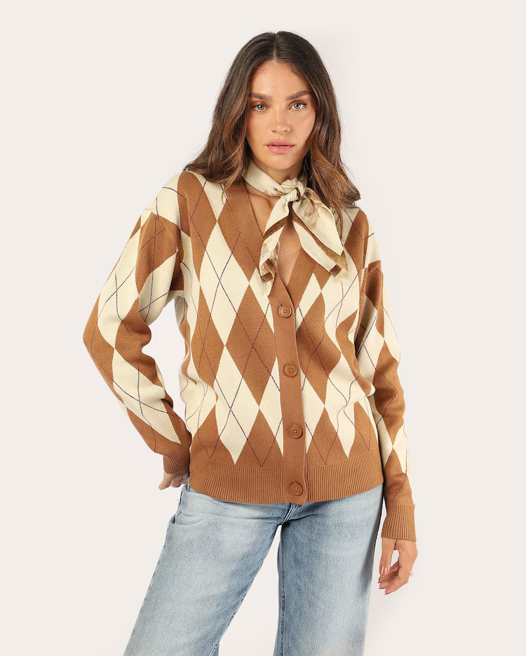 Cardigan feminino de tricot argyle - marrom
