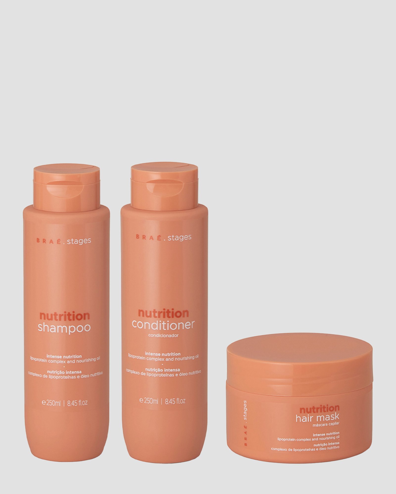 Kit shampoo Nutrition 250ml + condicionador 250ml + máscara capilar 200g | Braé Stages