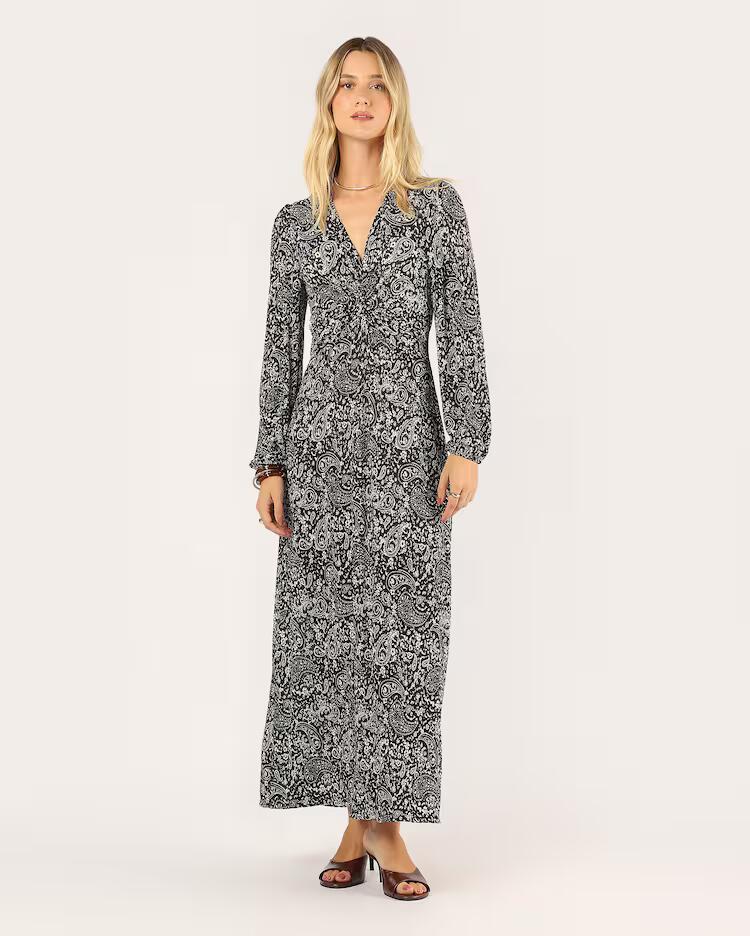Vestido longo evasê floral com nó frontal - preto