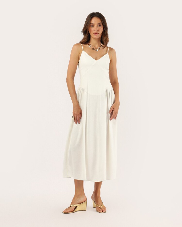 Vestido midi evasê com viscolinho - off-white
