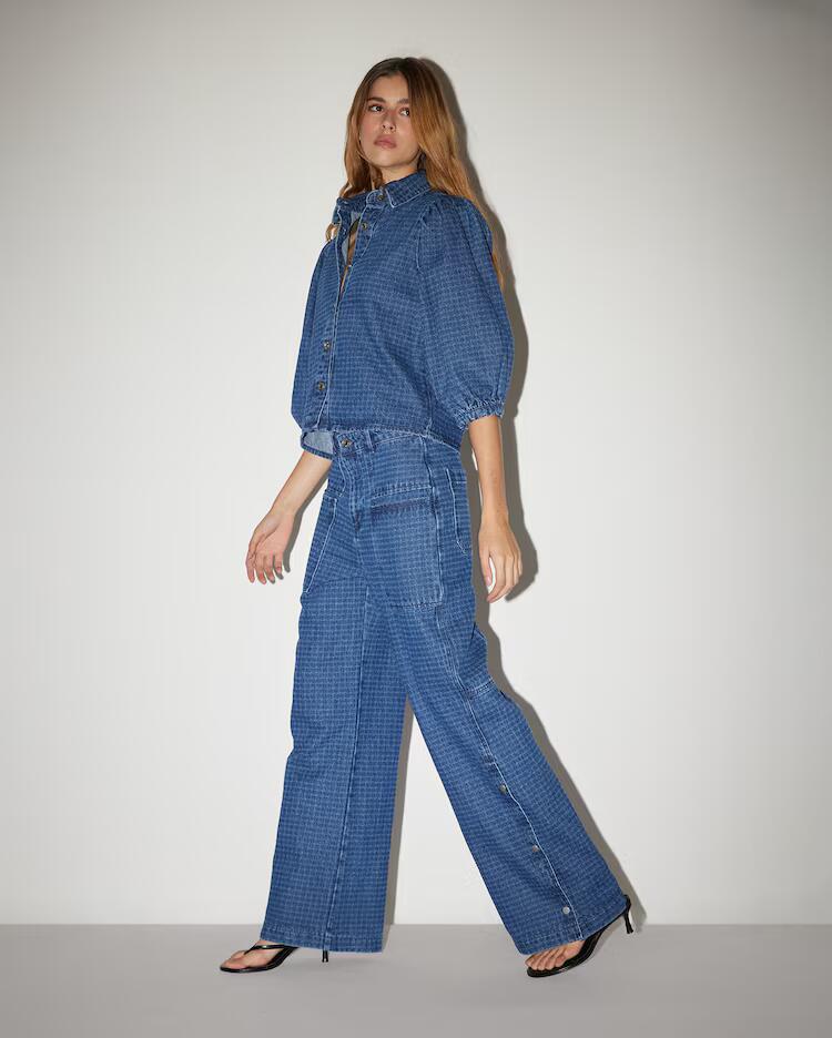 Calça jeans feminina wide leg com botões - denim escuro | Pool Jeans