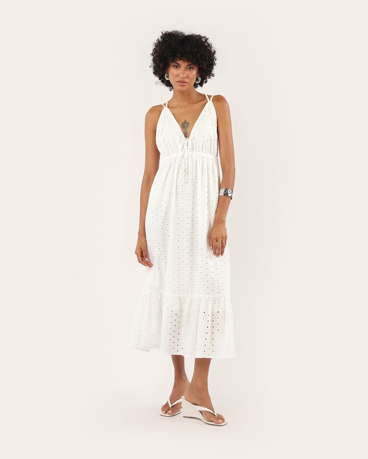 Vestido midi laise decote V acinturado - branco
