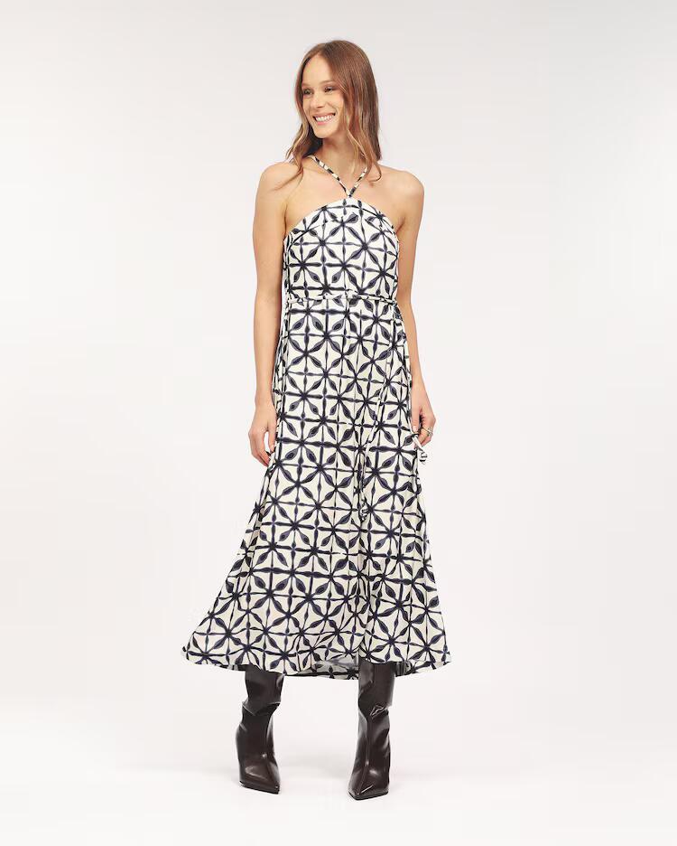 Vestido midi halter em viscose off-white