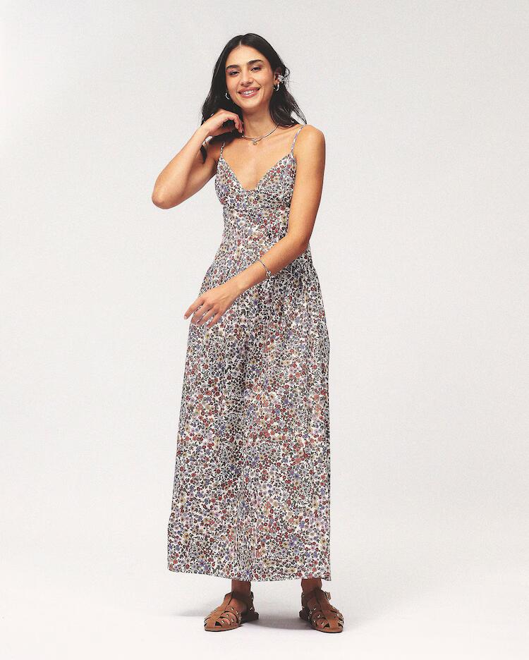 Vestido midi evasê floral - multicor