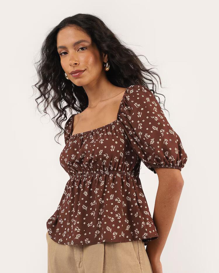 Blusa feminina em viscose floral manga bufante - marrom
