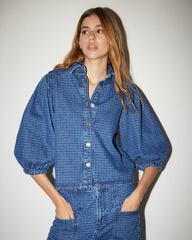 Camisa jeans feminina bufante - denim escuro | Pool Jeans