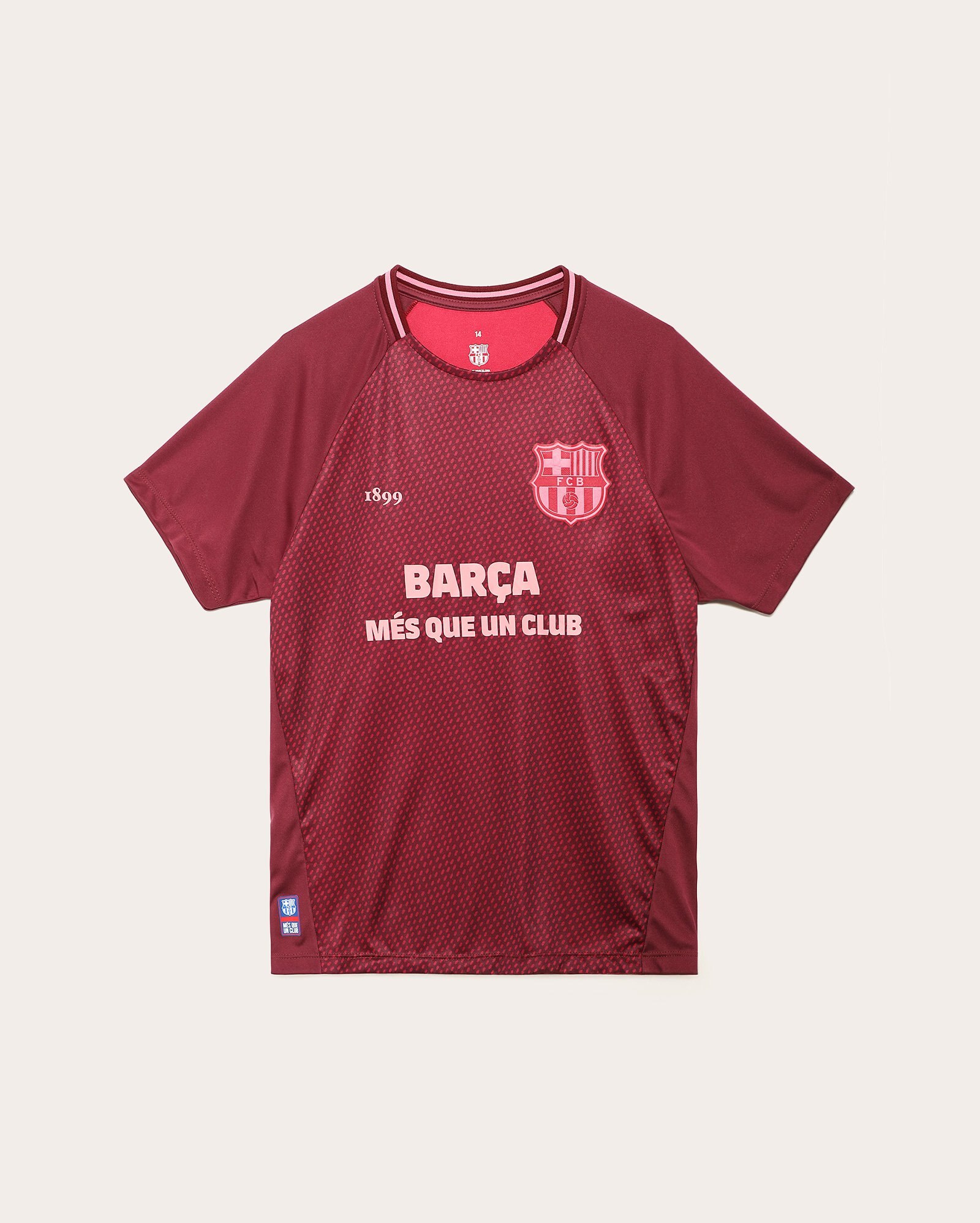 Camiseta juvenil futebol clube Barcelona em lettering rosa