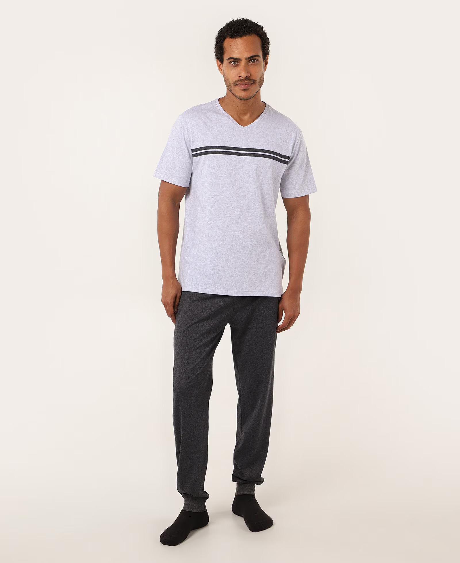 Pijama longo masculino mescla gola v multicor