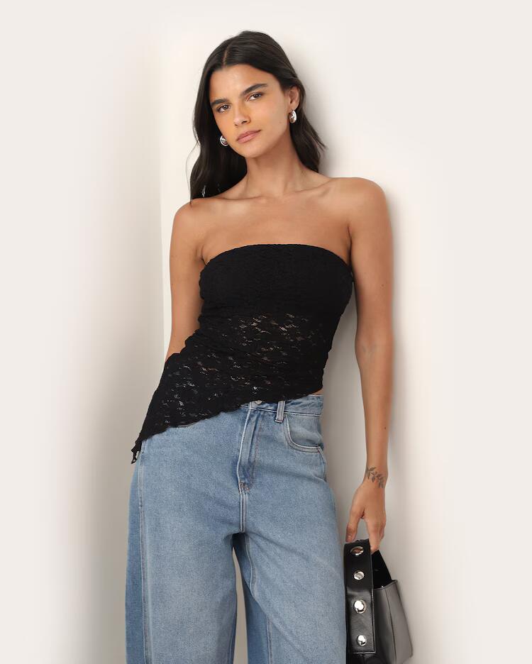 Top rendado com barra assimétrica - preto