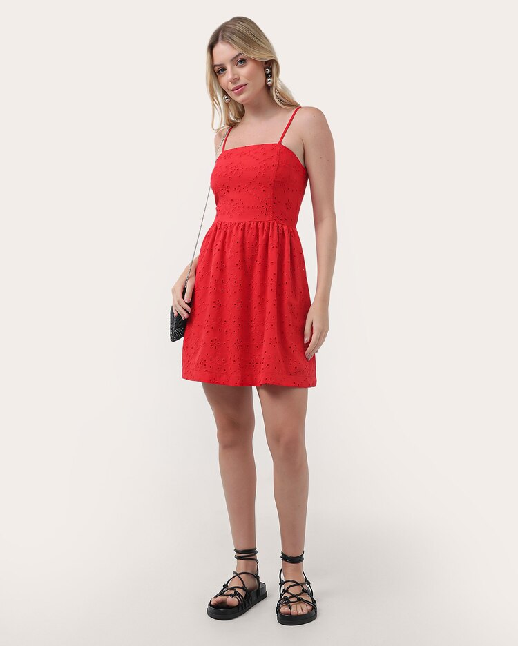 Vestido curto de alcinha laise com lastex - Vermelho