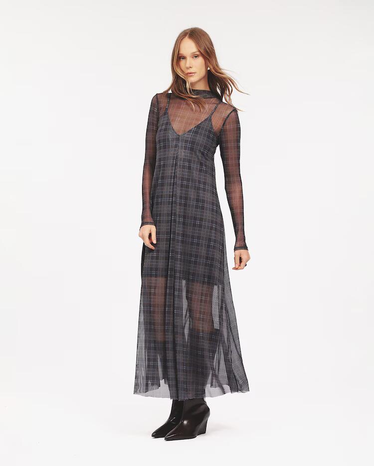 Vestido midi evasê xadrez em tule - azul