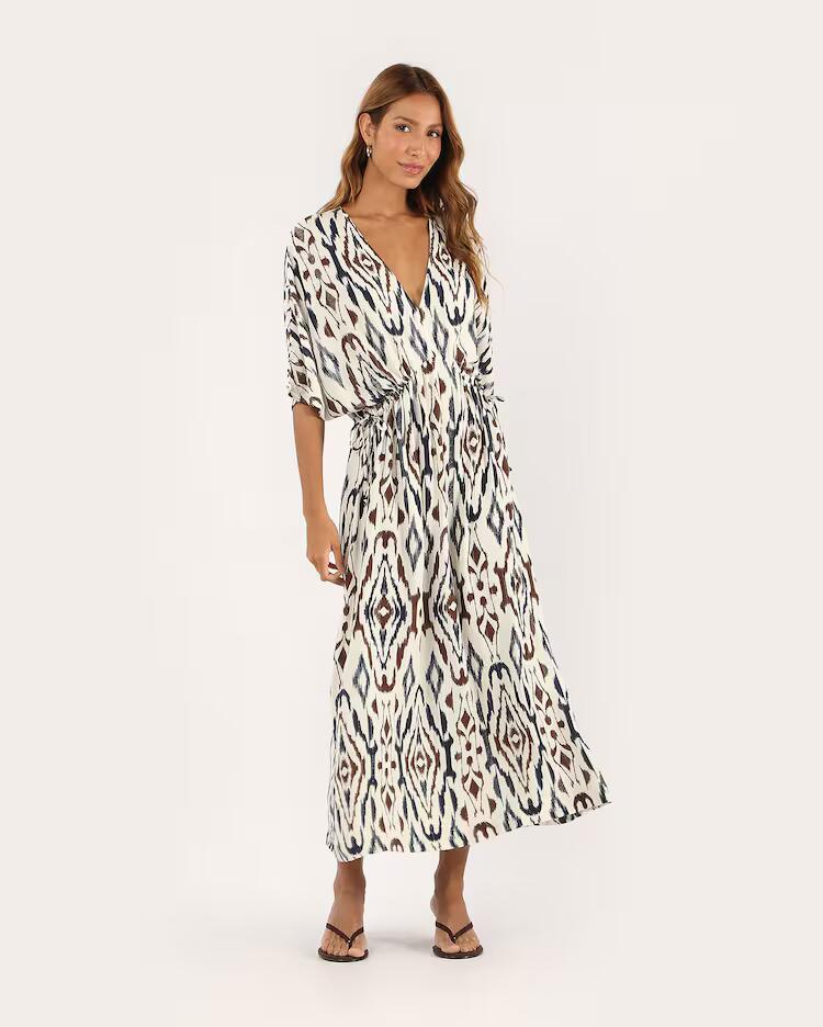 Vestido midi estampado decote V - multicor