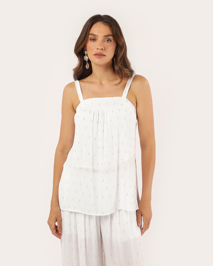 Regata feminina ampla com fios brilhosos e viscose - branca