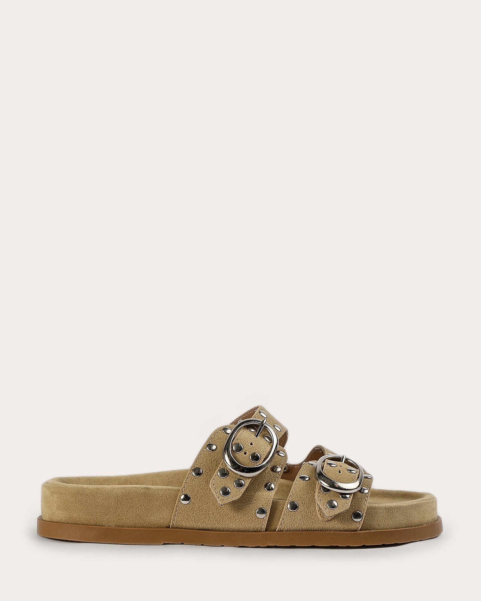 Sandália rasteira feminina suede com tachas e fivela bege