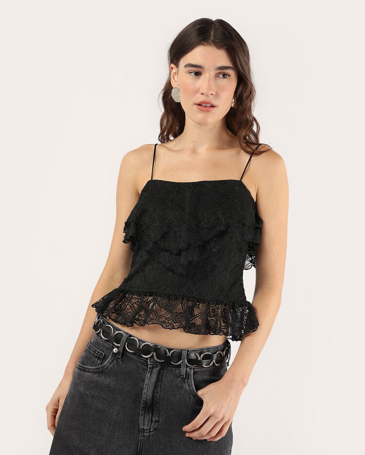 Regata cropped em renda com babados - Preto