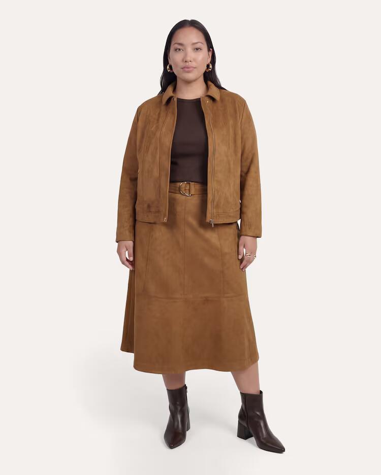 Saia plus size feminina suede com cinto - marrom