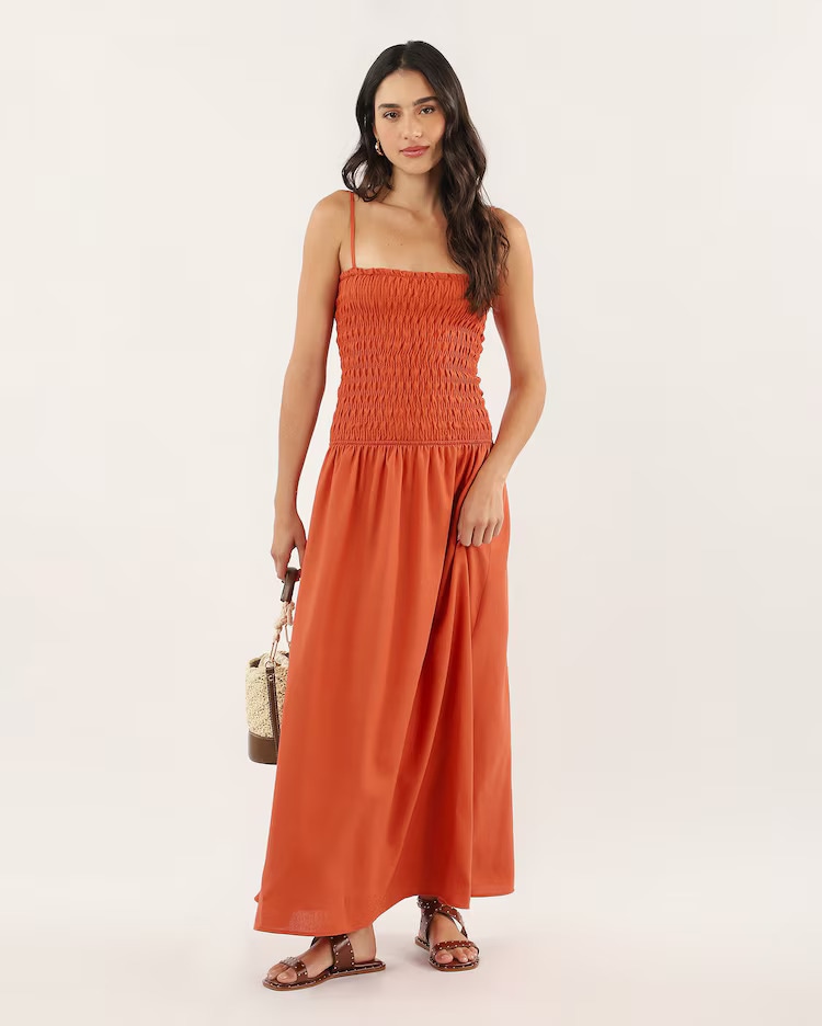 Vestido midi evasê em viscolinho - laranja