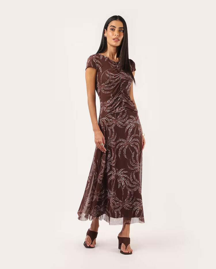 Vestido midi em tule estampado – marrom