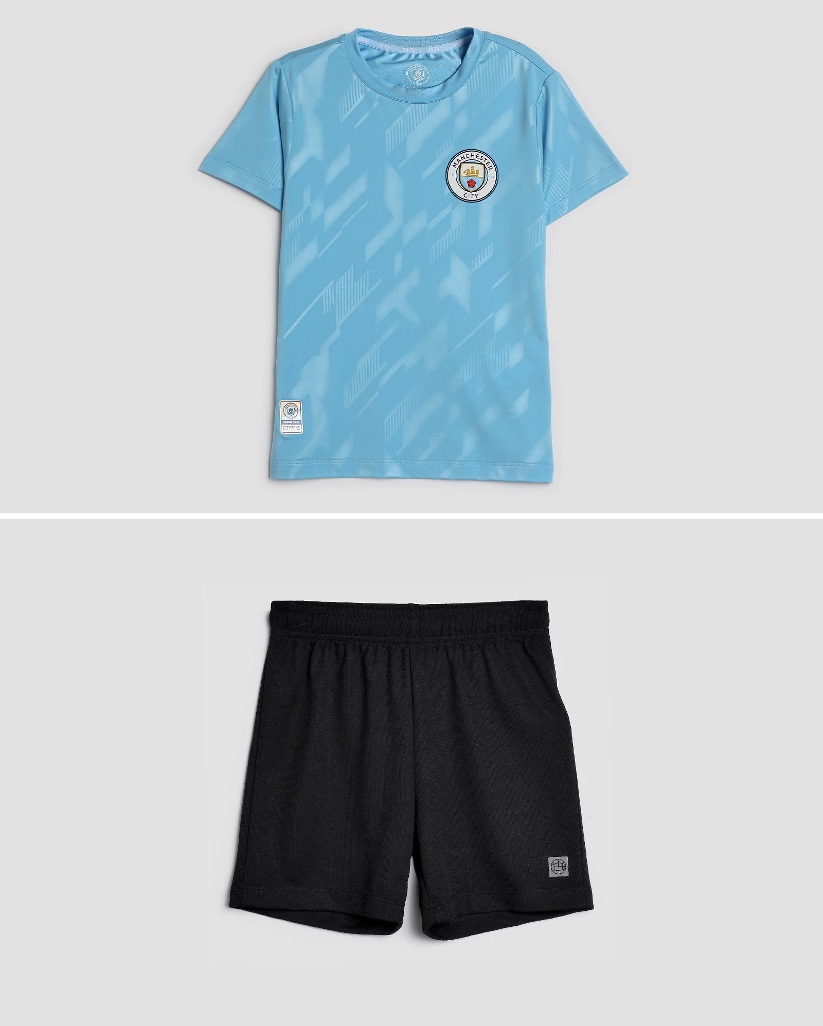 Conjunto curto infantil futebol geométrica cós de elástico 4-10A | Manchester City + Riachuelo