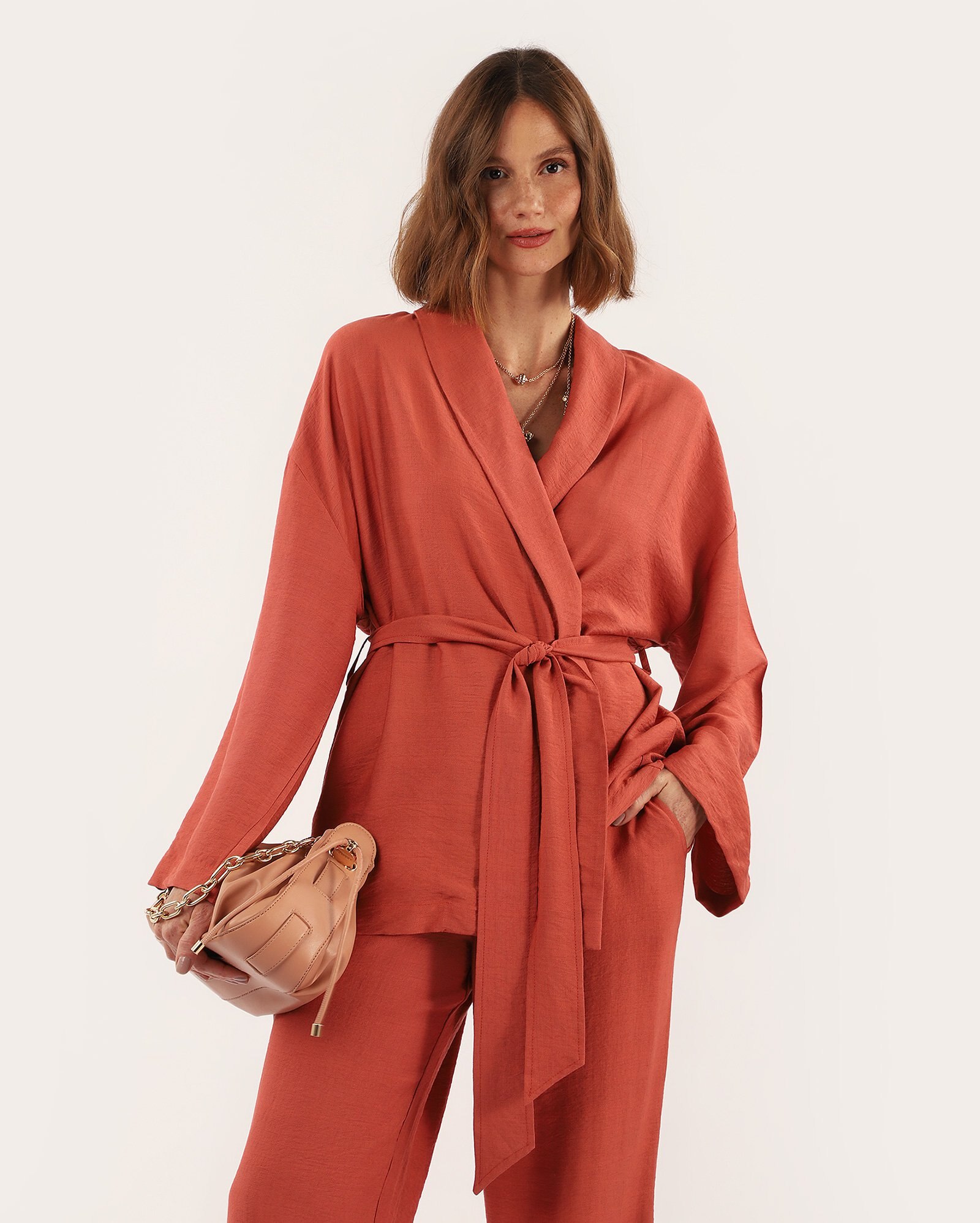 Kimono feminino com viscose e amarração rosa | AK