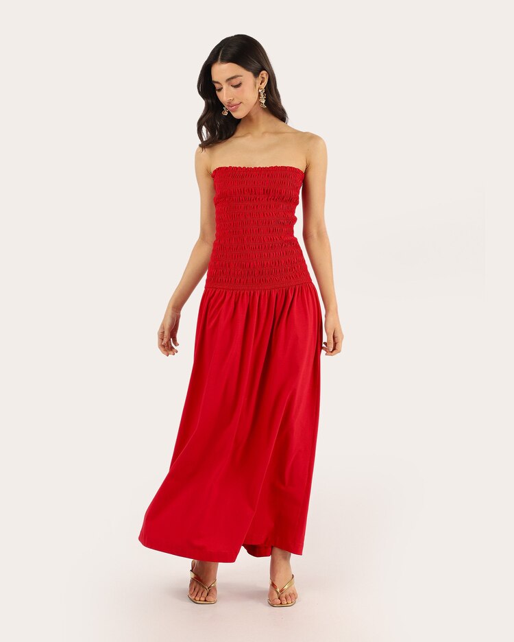 Vestido longo evasê cintura baixa com lastex - vermelho