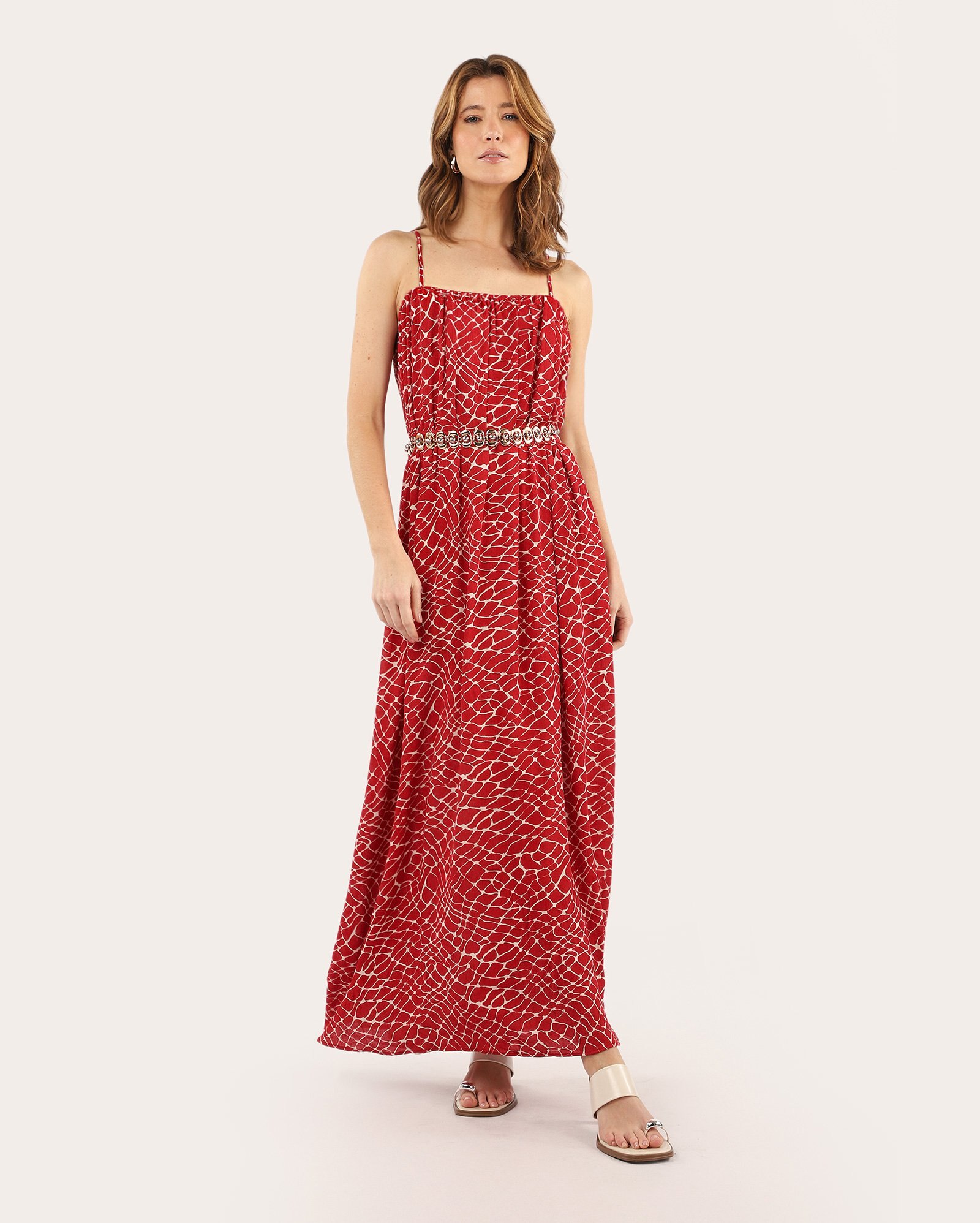 Vestido longo reto com cordão estampado - vermelho