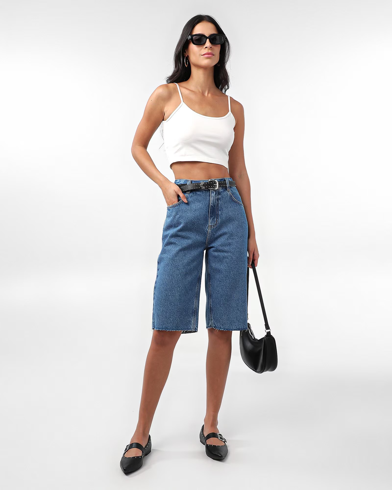 Bermuda jeans feminina cintura alta denim escuro | Pool Jeans