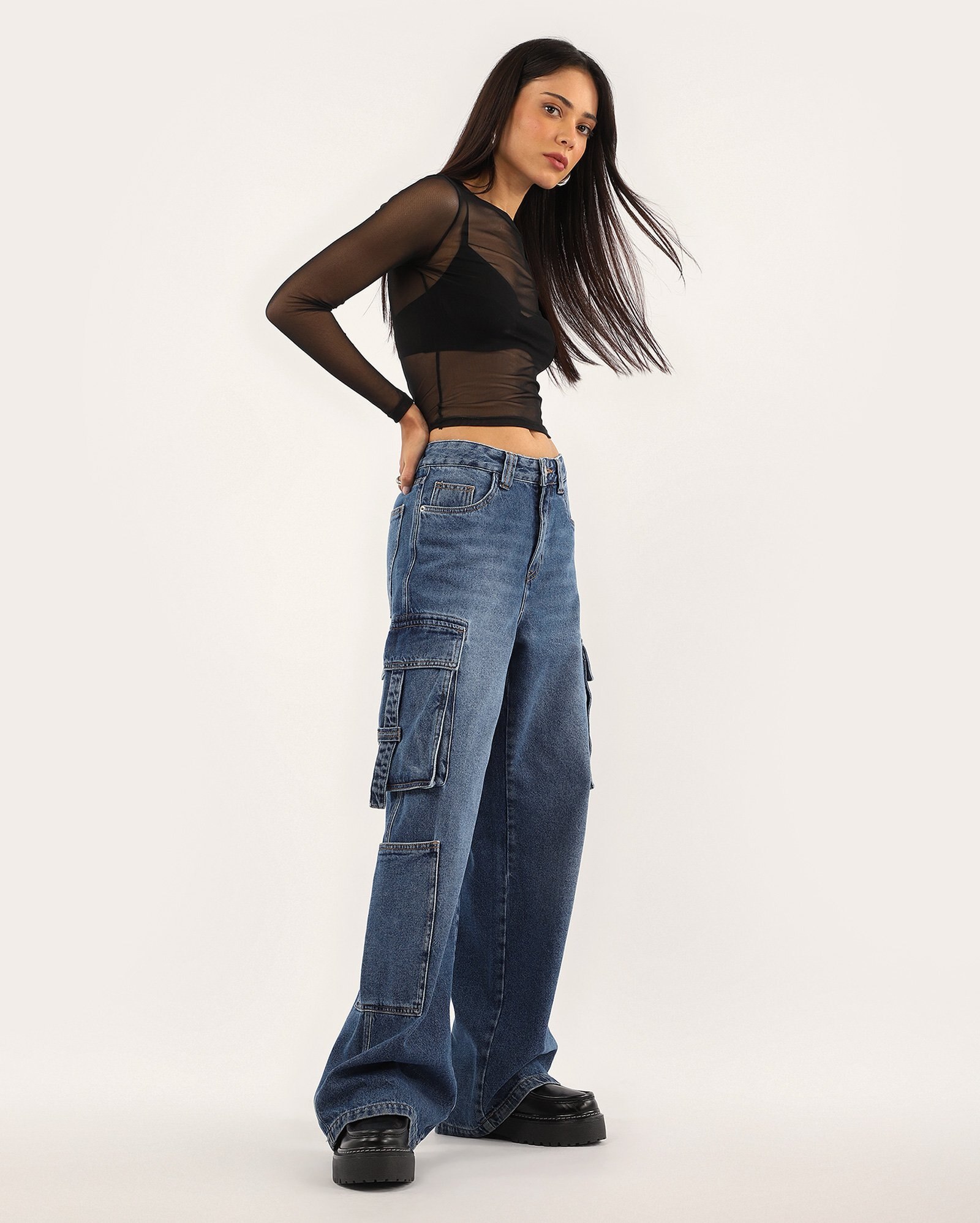 Calça jeans feminina wide leg cintura alta denim médio | Pool Jeans