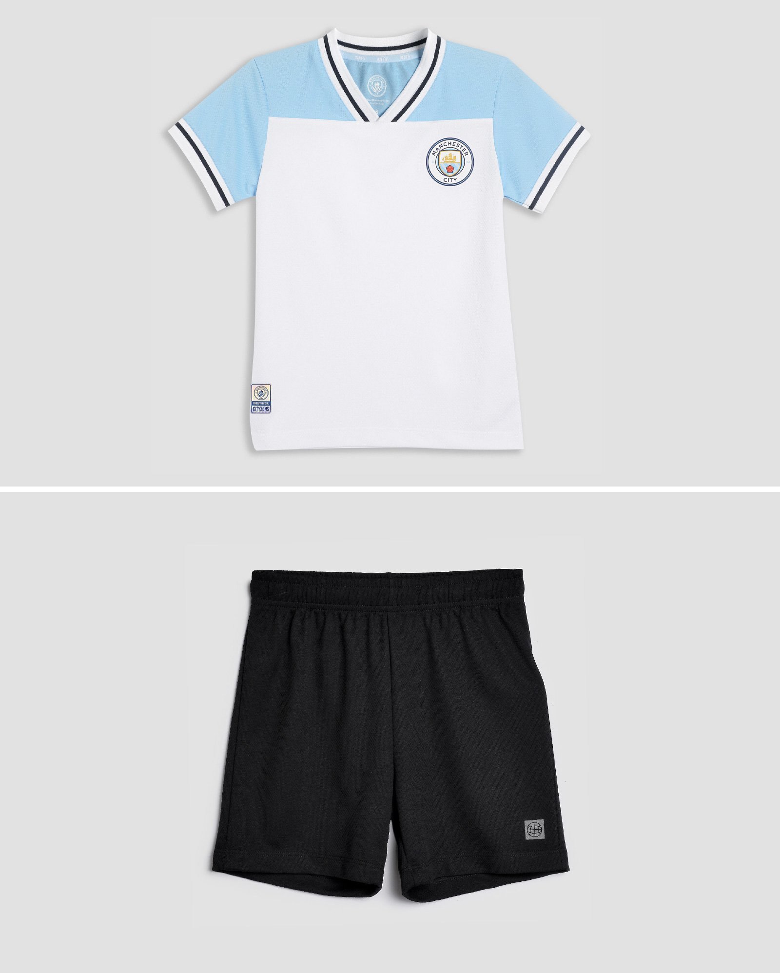Conjunto curto infantil futebol texturizado cós de elástico 4-10A | Manchester City + Riachuelo