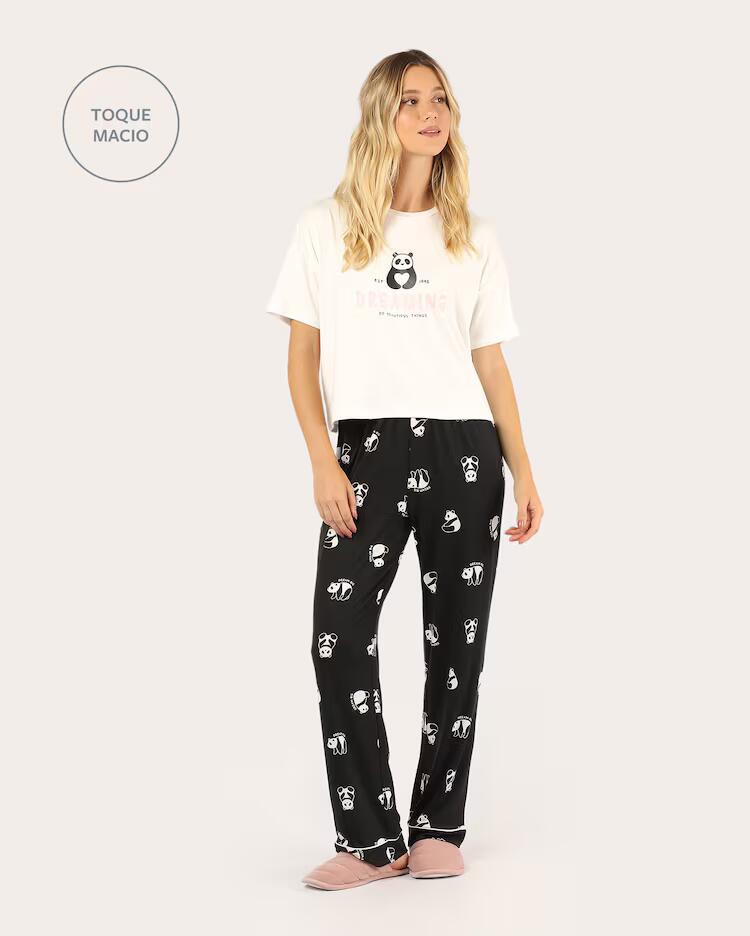 Pijama longo feminino estampa pandas - multicor